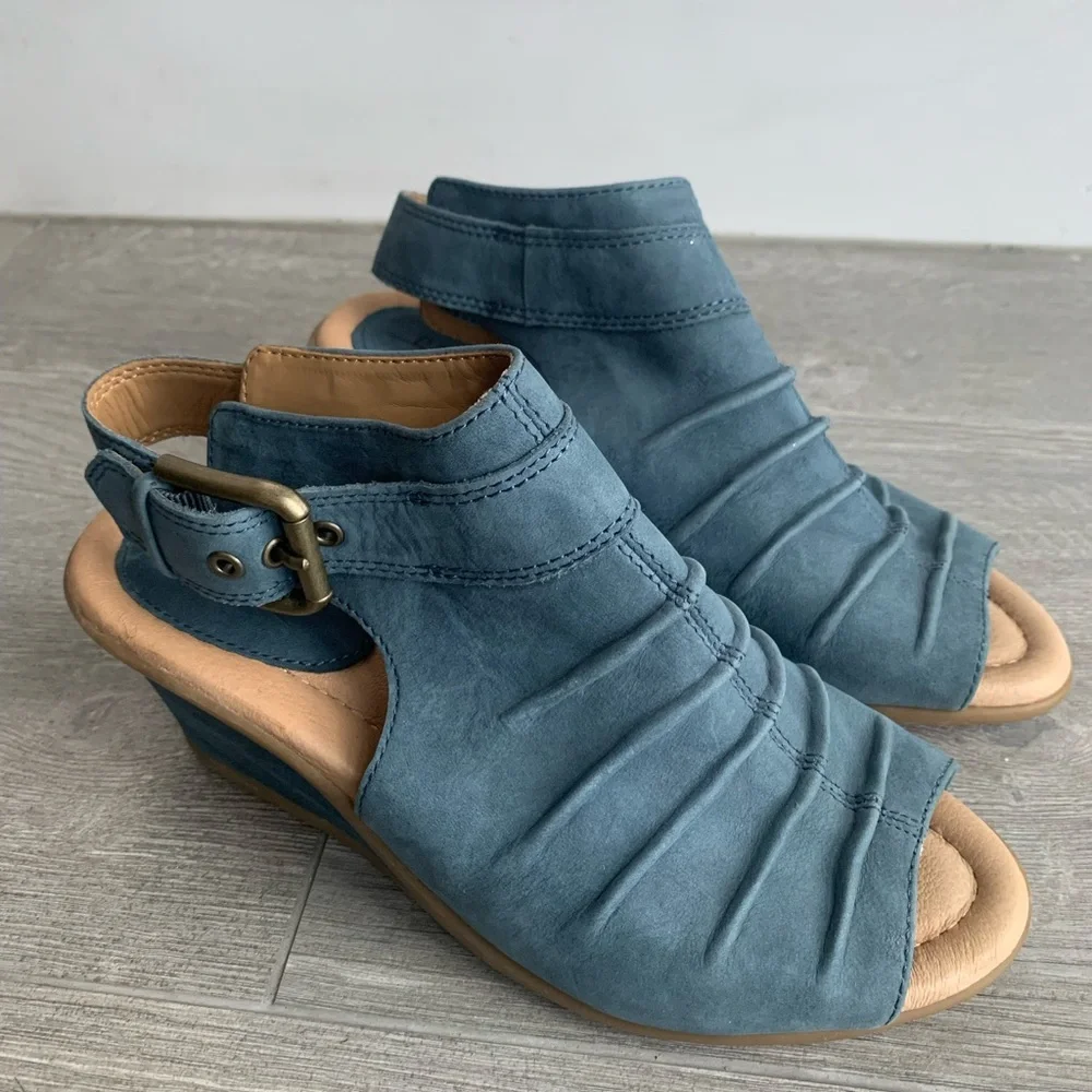 Earth Adina Moroccan Blue Suede Ruched Sling Back Peep Toe Wedge Sandals